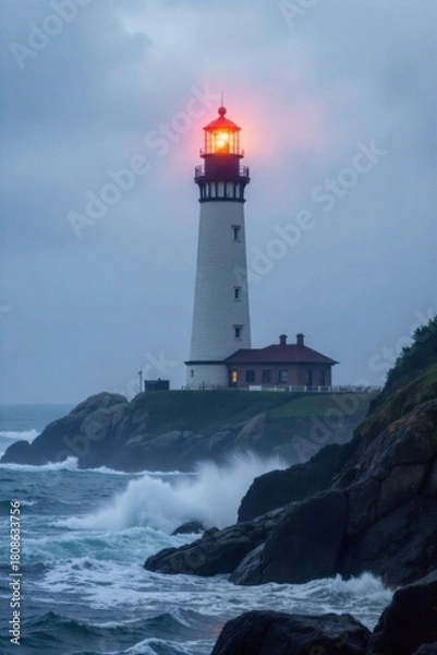Fototapeta Lighthouse on a rocky coast, beam cutting through fog at sunset. A tall, classic lighthouse stands on a jagged, rocky coastline. A powerful beam of light emanates from its lantern room, cutting