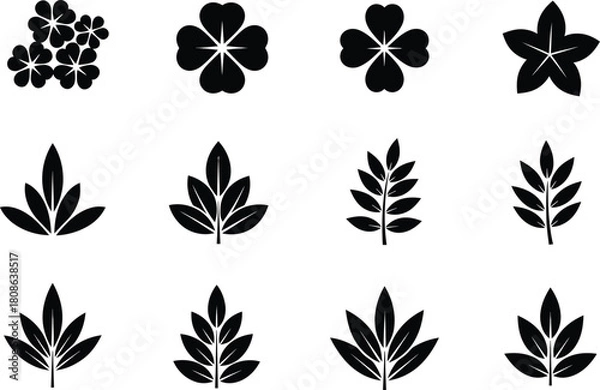 Obraz Black and White Leaf and Clover Icon Set on White Background leaves