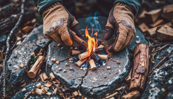 Fototapeta Hands wearing gloves starting a small campfire with kindling in the forest, symbolizing survival, bushcraft, and outdoor adventure preparation.