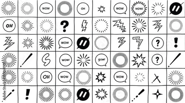 Obraz Grid of 64 hand-drawn black and white comic style speech bubbles and symbols vector