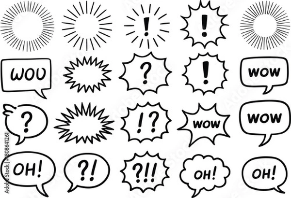 Obraz Hand-drawn black and white comic style speech bubbles with text and symbols vector