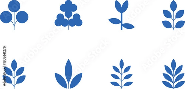 Obraz Set of eight stylized blue plant and leaf icons on white vector illustration