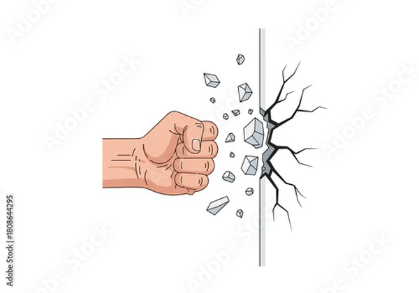 Obraz Hand punching through wall concept powerful fist breaking barrier, resilience illustration