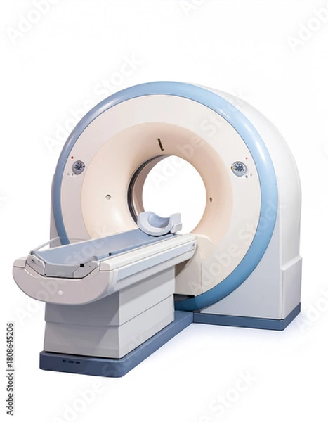 Fototapeta Modern MRI Machine and Scanner Table Isolated on White for Medical Diagnostics