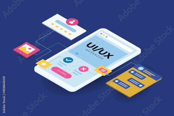 Fototapeta Isometric ui ux design background with geometric shapes and gradients