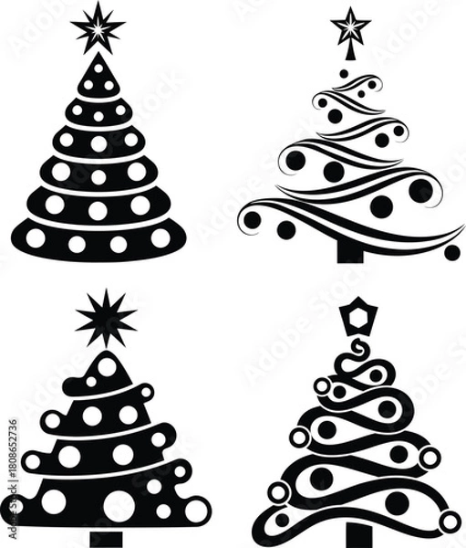 Obraz Highly stylized Christmas tree icons set in black and white, featuring abstract swirls, circles, and decorative star toppers.