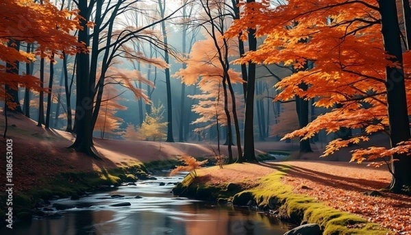 Fototapeta Beautiful autumn landscape reflection of colorful foliage and blue sky on the calm lake water in the city park