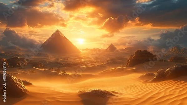 Fototapeta Golden Sunset Over Ancient Egyptian Pyramids in Desert with with Dramatic Clouds.