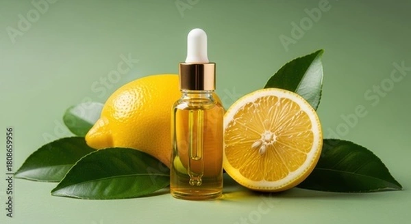 Fototapeta Lemon essential oil in bottle with fresh lemon and leaves on green