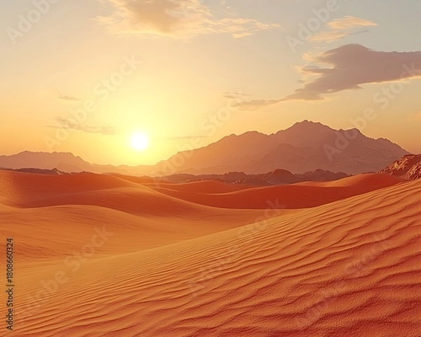 Fototapeta Golden Sunset over Desert Sand Dunes with Mountains, and and Warm Sky Scenery.