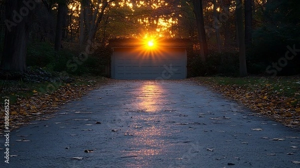 Obraz Golden sunset over garage with creating a serene, and autumn ambiance and welcoming view.