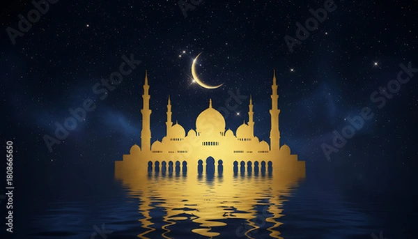 Obraz Golden mosque silhouette reflecting in water under a crescent moon and starry night sky scene view