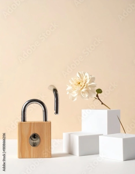 Obraz Unlocked padlock, flower, white cubes on neutral background