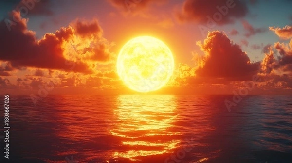 Obraz Golden Sunset over Ocean with Serene Sky and Reflections, and Peaceful Seascape.