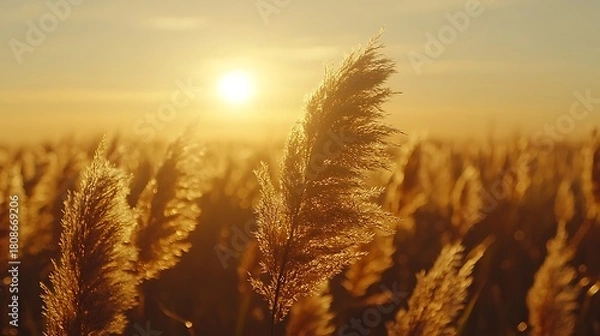 Fototapeta Golden Sunset Over Pampas Grass Field  Serene Nature Scene with Peaceful Atmosphere.