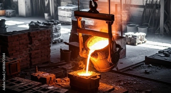 Fototapeta Molten metal pouring into mold in foundry casting process at factory