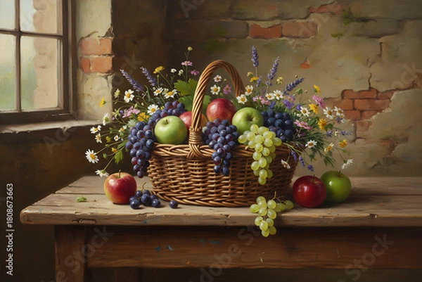Obraz A basket filled with apples grapes and flowers on a wooden table near a window and brick wall art