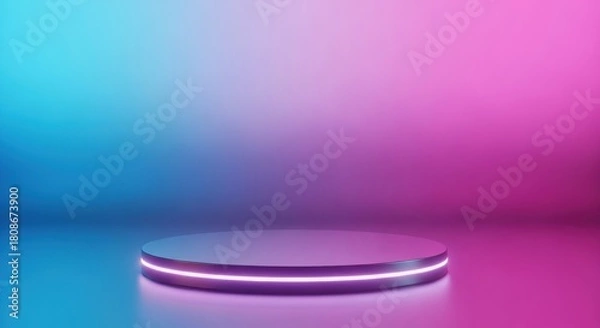 Fototapeta Neon podium illuminated with blue and pink light