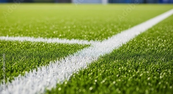 Fototapeta Close up of white line on green artificial turf of soccer field