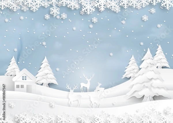 Fototapeta Deers joyful on snow and winter season with urban landscape background paper art style for merry christmas and happy new year.Vector illustration.