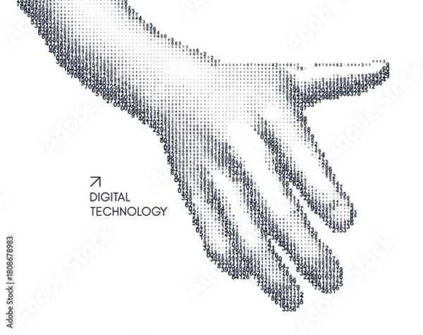 Fototapeta Offering handshake. Hand open and ready to help. Human arm giving. Сascading digital code matrix. 3D vector illustration. Design for banner, flyer, poster, cover or brochure.