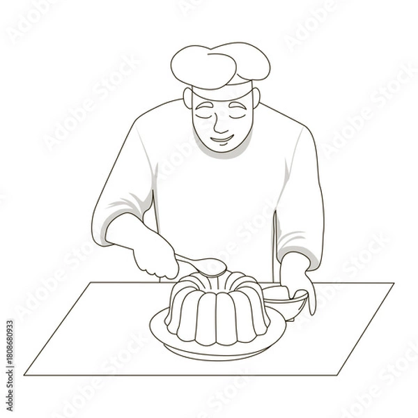 Fototapeta Vector illustration of a chef elegantly decorating a bundt cake with a spoon on a table. The chef wears traditional attire and focuses on creating a perfect dessert presentation.