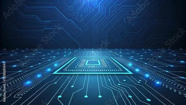 Fototapeta Blue glowing circuit board with chip in the center