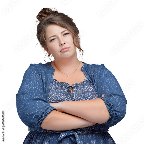 Fototapeta Frustrated woman with arms crossed expressing displeasure and annoyance with a displeased facial expression isolated on a white or transparent background