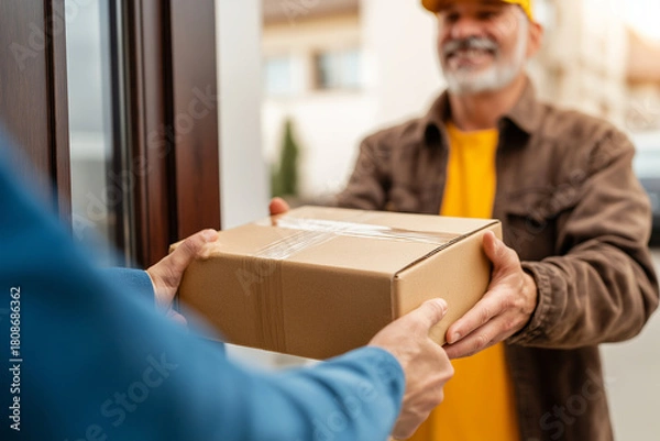 Fototapeta Delivery courier hands over cardboard package to recipient at residential door, showcasing friendly interaction. scene conveys sense of convenience and service