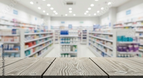 Fototapeta Empty wooden table top with blurred pharmacy store as background