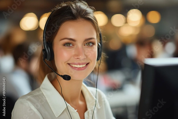 Fototapeta Customer service agent wearing headset, smiling, and providing assistance in busy office environment. atmosphere is friendly and professional, showcasing effective communication skills