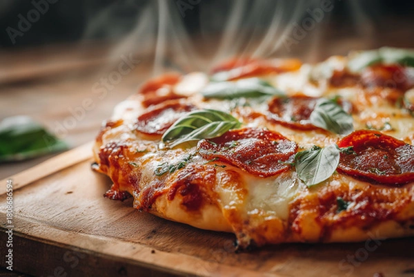 Fototapeta Delicious homemade pizza with melted cheese, pepperoni, and fresh basil leaves, served hot on wooden board, creating mouthwatering aroma that invites everyone to enjoy