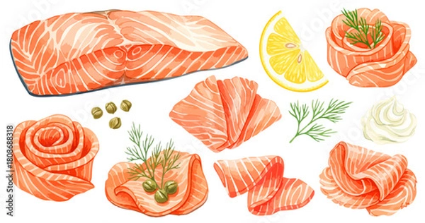 Obraz スモークサーモンと食材のセット（レモン・ケッパー・ディル）,海鮮,洋食,デリ,高級食材,水彩,リアル