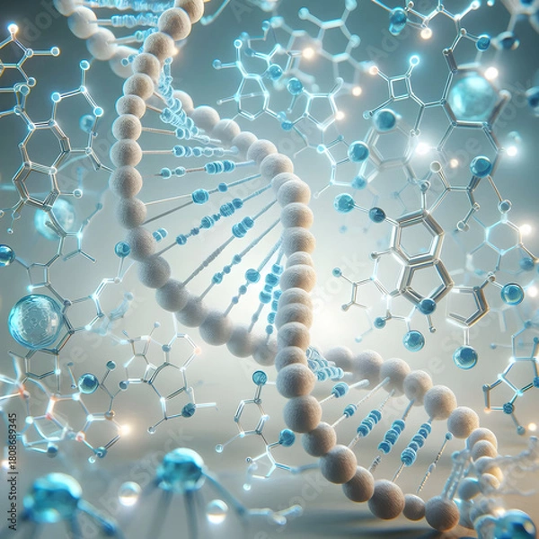 Obraz Digital Render of DNA Base Pairs: Highlighting the Adenine Thymine Molecular Connection and Genetic Code