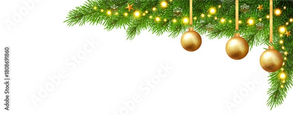 Fototapeta christmas fir and branches frame background decorated with golden baubles and stars and lights 