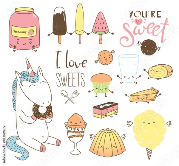 Fototapeta Set of different hand drawn sweet food doodles, with kawaii cartoon faces, wings, arms and legs, unicorn eating donut, typography. Isolated objects on white background. Design concept dessert, kids.