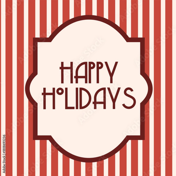 Obraz Retro flat style Christmas greeting card with red stripes and Happy Holidays text. Vintage festive poster perfect for holiday invitations, decor and winter design projects.