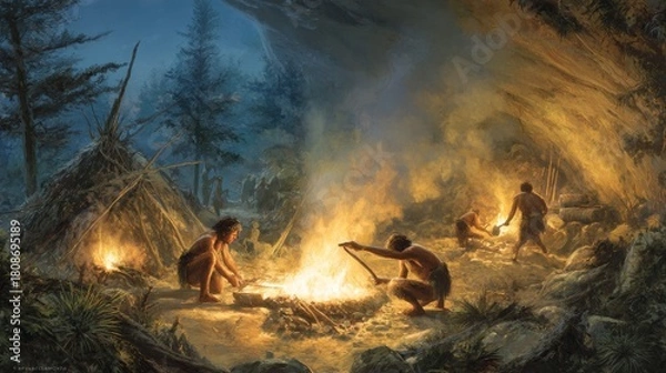 Obraz When early humans tamed fire, it lit more than just darkness--it warmed their shelters, cooked their food, warded off danger, and sparked stories that would echo for generations. 