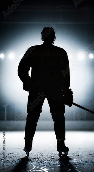Fototapeta Silhouetted hockey player standing on ice rink in dramatic lighting  