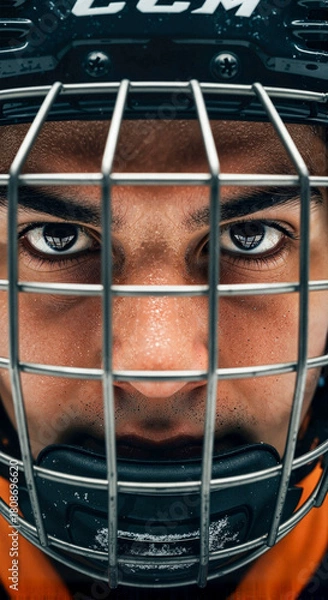 Fototapeta Intense hockey player wearing a helmet and cage mask looking forward  