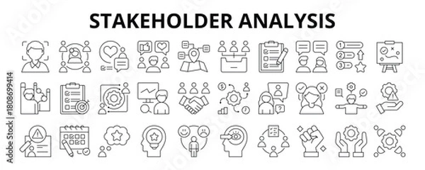 Obraz 30 Stakeholder Analysis Line Icons Vector - Categorization, Priority, Communication, Objective, Impact, Risk Management, Attitude, Decision Making