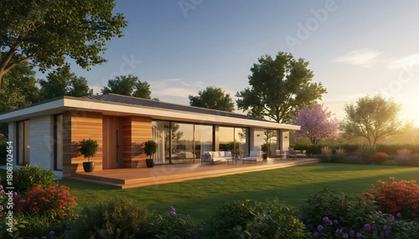 Obraz A modern house with a large glass window and a wooden deck surrounded by a green lawn and trees