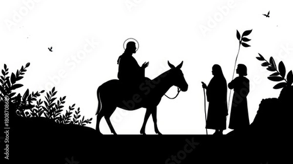 Fototapeta Biblical silhouette of jesus riding a donkey with two figures