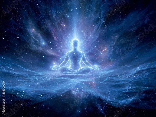 Fototapeta Cosmic meditation still human form radiating energy waves synchronize with stars and nebulae