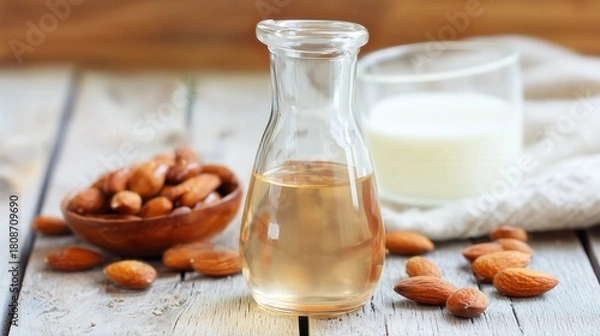 Fototapeta Almond oil in a glass bottle with raw almonds. Generative AI