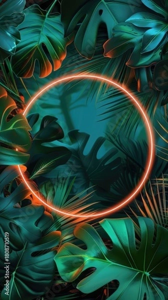 Obraz Elegant tropical circle-shaped frame made of exotic emerald leaves and neon lighting. Stylish fashion banner. Plants are illuminated with purple, orange, and pink fluorescent light.