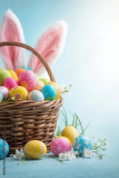 Fototapeta Easter basket filled with colorful eggs and bunny ears on a light blue background