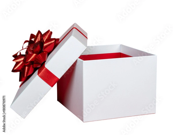 Fototapeta Open white gift box with red ribbon isolated on transparent background, perfect for any occasion