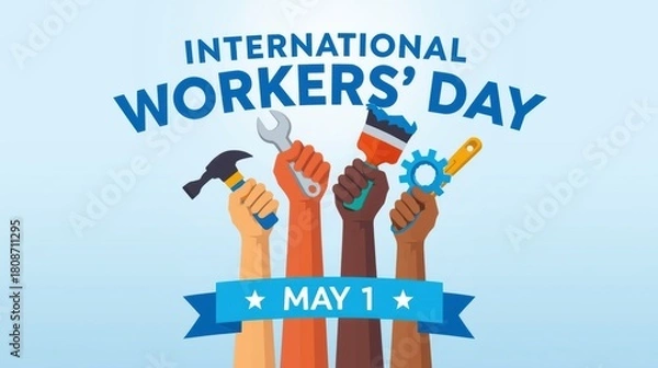 Fototapeta International workers day celebration with diverse hands holding tools