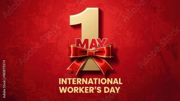 Fototapeta Golden number one with red bow for international workers day